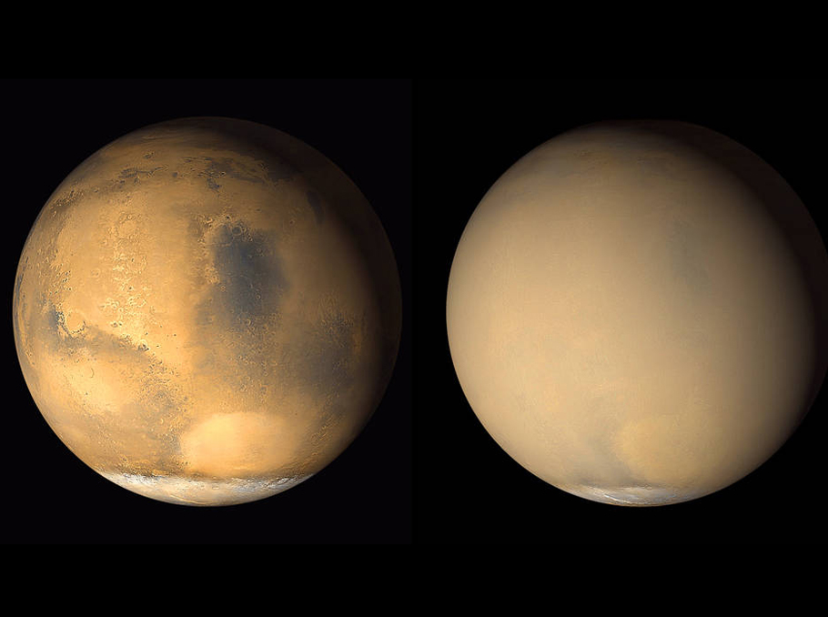 2001-ին՝ մեկ ամիս տարբերությամբ արված լուսանկարներում երեւում է, թե ինչպիսի փոփոխություններ է կրում Մարսը փոշու փոթորկի ազդեցությունից