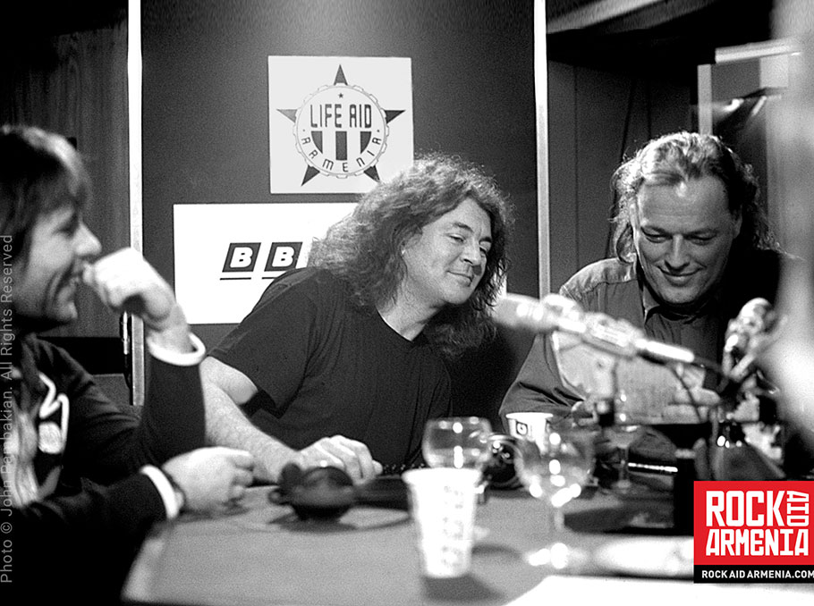 David Gilmour, Ian Gillan and Bruce Dickinson at the BBC studio 