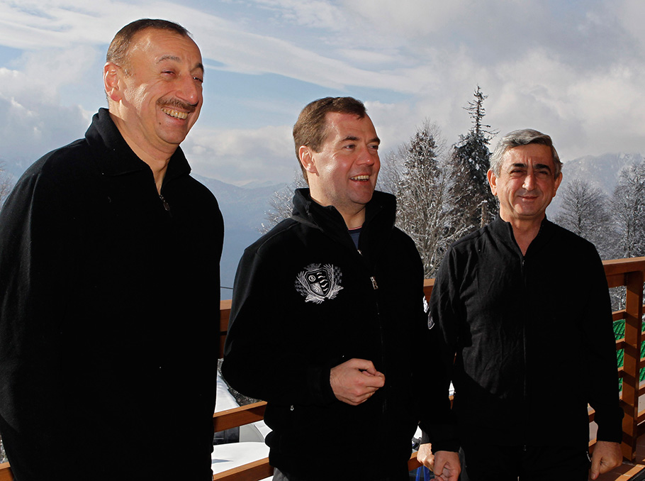 Serzh Sargsyan, Dmitry Medvedev and Ilham Aliyev in Sochi on March 5, 2011