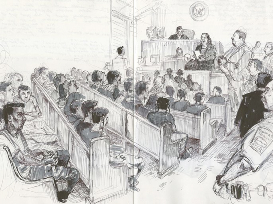 “A Mass Trial of Immigrants”, by Molly Crabapple for Rolling Stone