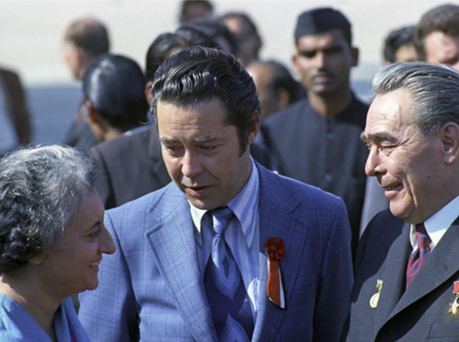 Indira Gandhi, Viktor Sukhodrev and Leonid Brezhnev