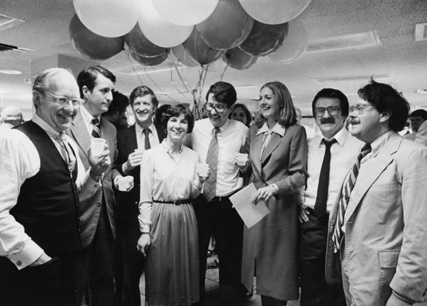 Thomas Winship, William Taylor, Sandy Hawes, Joan Venocchi, Nils Brazelius, Ellen Goodman, Stephen Kurkjian, and Bill Henry celebrate Pulitzer Prizes in 1980.